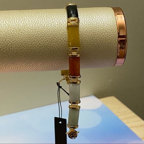 Genuine Multicolored Jade “Good Fortune” Bracelet in 18kt Gold Over SS. - Picture 6 of 10